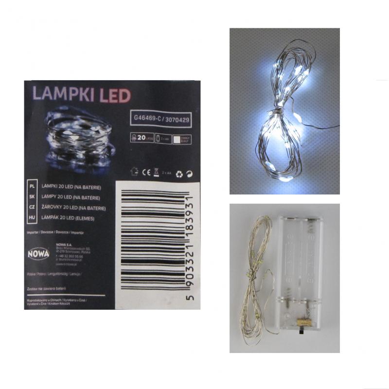 Lampki na drucie LED 20 <br>na baterie, białe zimne